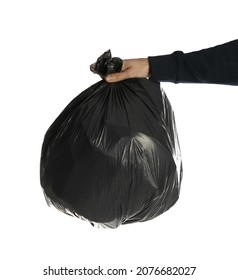 Man Holding Trash Bag Filled With Garbage On White Background, Closeup