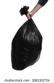 Man Holding Trash Bag Filled With Garbage On White Background, Closeup