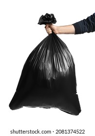 Man Holding Trash Bag Filled With Garbage On White Background, Closeup