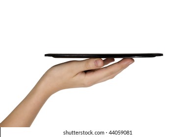 Man Is Holding Tray On White Background