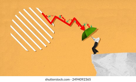 A man is holding an umbrella while standing on a cliff. The umbrella is green and the man is looking up at the sky. Concept of danger and uncertainty, as the man is on the edge of a cliff - Powered by Shutterstock