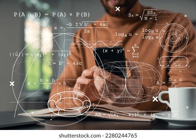 Man holding using smartphone typing at office workplace with notebook. Concept of distant work, business education. Educational hologram. Shot of hands