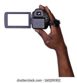 Man Holding Video Camera Isolated On White Background