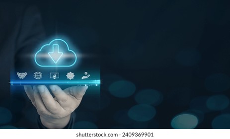 Man holding virtual cloud computing on hand with connection line.Cloud computing is system for sharing download and upload big data information.