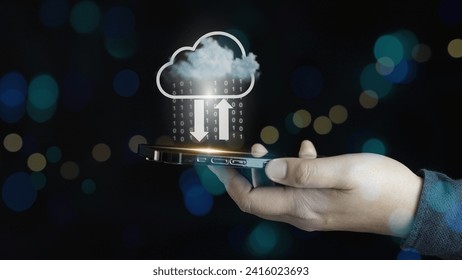 Man holding virtual cloud computing on hand with connection line.Cloud computing is system for sharing download and upload big data information.