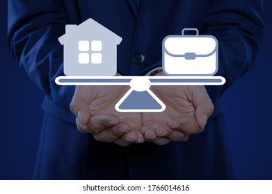 Man Holding Virtual Icons Against Blue Background, Closeup. Concept Of Balance Between Life And Work