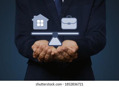 Man Holding Virtual Icons Against Dark Background, Closeup. Concept Of Balance Between Life And Work