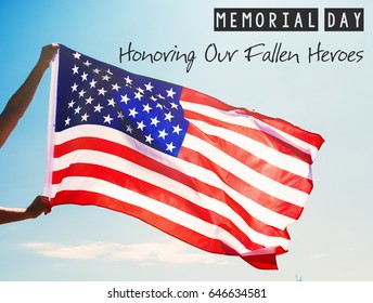Man Is Holding Waving American USA Flag. Memorial Day Card