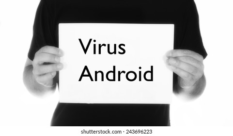 Man Holding White Message Board With Text Virus Android