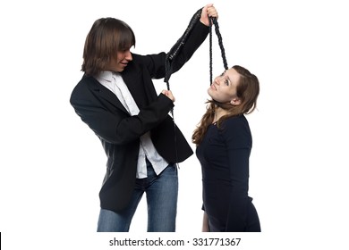 Man holding woman with whip. Isolated photo with white background.
