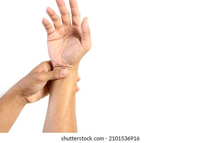 Man Holding Wrist Pain On White Background.