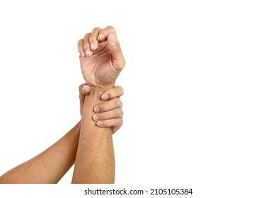 Man Holding Wrist Pain On White Background.