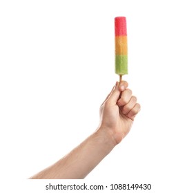 Man Holding Yummy Ice Cream On White Background. Focus On Hand