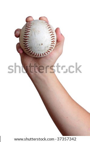 A man holds a baseball and is about to throw it, isolated on white.