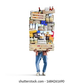 Man Holds A Box With A Huge Pile Of Food