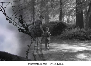 Man Holds A Boy By The Hand In The Forest, The Image Is Tinted, A Black Web Texture Is Applied, The Concept Is Kidnapping