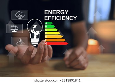 A man holds an electric light bulb with tree inside and an energy saving rating sign to tell customer the value of the product to make a decision. Energy saving and zero co2 clean energy concept. - Powered by Shutterstock