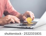 Man holds a golden Bitcoin while using a laptop, representing Bitcoin as a form of digital currency for online transactions, highlighting the concept of modern financial technology and crypto usage