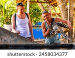 Man holds green sea turtle hawksbill sea turtle loggerhead sea turtle out of pool in Turtle breeding station conservation Center in Bentota Sri Lanka.