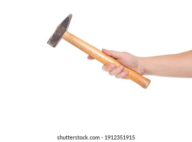 Man holds a hammer in his hand on a white background, isolate. Close-up