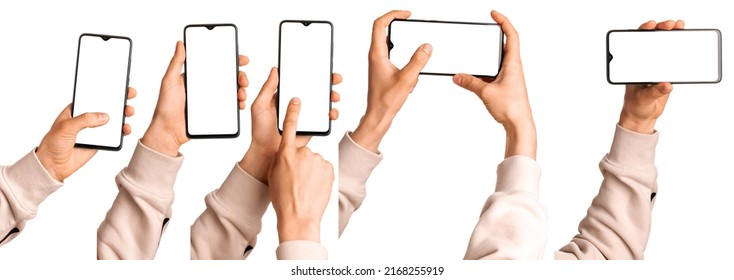 A man holds in his hands a blank black smartphone screen with a modern frameless design. Five positions isolated on white background - Powered by Shutterstock