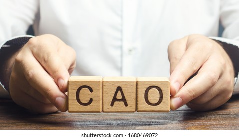 Man Holds The Word CAO In Hands. Manage Taxes And Payroll. Develop And Upgrade Finance Systems In Business. Chief Accounting Officer. Vacancy And Duties Of A Specialist. Financial Executives