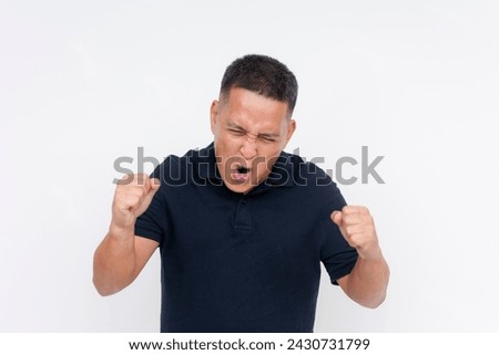 A man hollering in exhilaration after winning the lotto. Isolated on a white background.