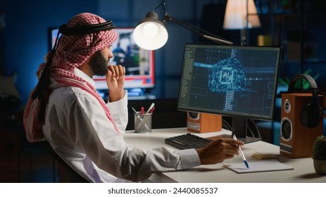 Man in home office typing on keyboard, updating artificial intelligence neural networks, writing complex binary code scripts. Muslim freelancer in personal office upgrading high tech AI - Powered by Shutterstock - Get 15% off with code: PIKWIZARD15