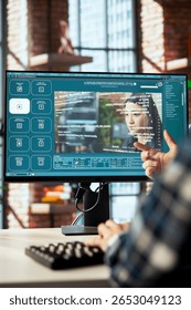 Man in home office using generative artificial intelligence website generating videos using diffusion models. Person having conversation with AI virtual assistant producing clips