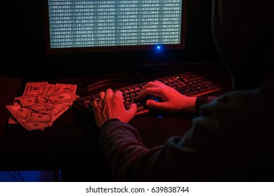 The man in the hood checks the malicious code on the keyboard. Cybercrime through the Internet.