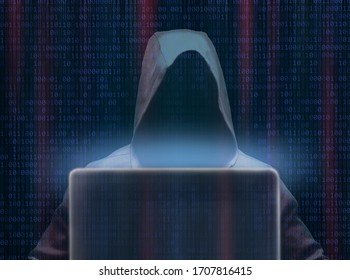 Man in hood no face with laptop. Double exposure with binary code
