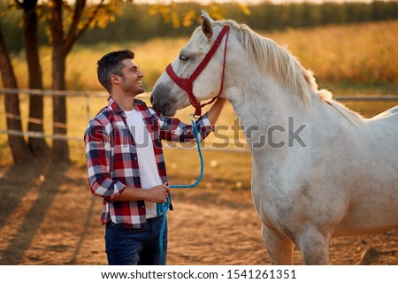 Man and horse. Man have a hobby time, riding. Horses concept 