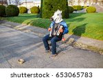 Man with a horse head street musician playing the accordion outdoors, funny prank