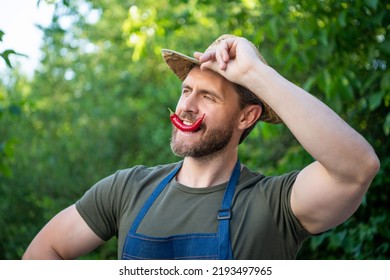 Man Horticulturist In Straw Hat With Chili Pepper Vegetable