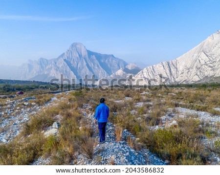 Man in Huasteca Monterrey Mexico. Beautiful scenery of mountains and landscape. 