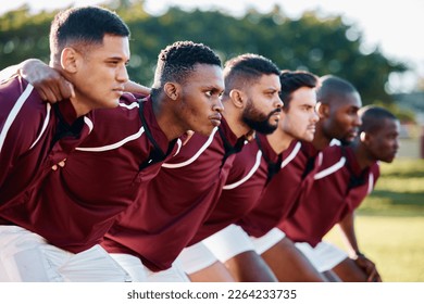 Man, huddle and team scrum for sports coordination, collaboration or serious on the grass field. Group of sport men in fitness training, planning or strategy getting ready for game, match or start - Powered by Shutterstock