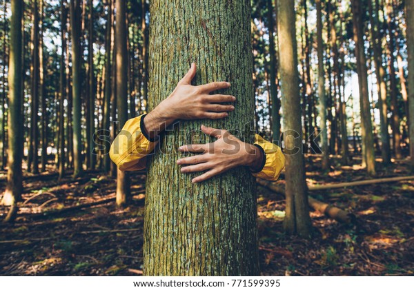 Man hugging tree\
bark