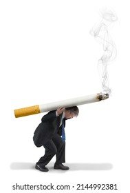 A Man Is Hunched Over Struggling To Carry A Giant Smoking Cigarette On His Back Representing Being Trapped In Nicotine Addiction, Depression And Bad Health.