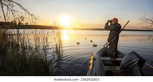 Man hunter hunting. waterfowl hunter. bunner with copy space.