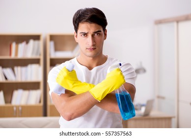 Man Husband Cleaning The House Helping Wife