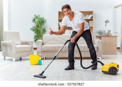 Man Husband Cleaning The House Helping Wife