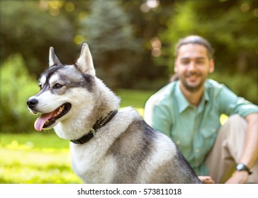 Man and Husky dog walk in the park.