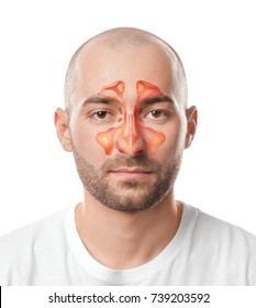 Man With Illustration Of Paranasal Sinus On White Background. Asthma Concept