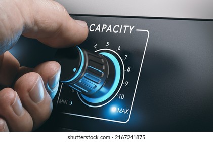 Man increasing production capacity to the maximum by turning a control knob. Composite image between a 3d illustration and a hand photography. - Shutterstock ID 2167241875