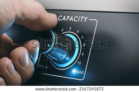 Man increasing production capacity to the maximum by turning a control knob. Composite image between a 3d illustration and a hand photography.
