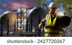 Man industrialist with laptop. Guy factory manager. Industrialist near modern factory. Night manufacturing behind technologist. Industrialist and reflective vest. Man works in oil refining industry