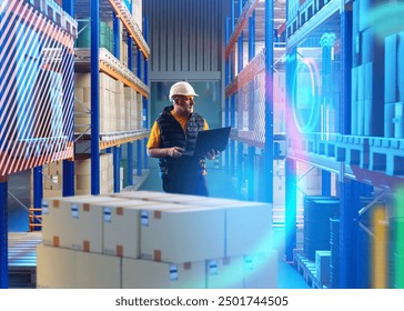 Man in innovation warehouse. Storage manager holding laptop. Storekeeper stands among racks boxes. Guy at delivery service warehouse. Man contractor for warehouse company. Virtual screens near racks - Powered by Shutterstock