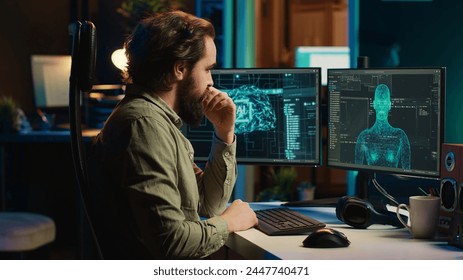 Man inserting disk into PC containing software turning AI into sentient self aware being, saluting creator. Engineer placing cartridge in computer, awakening friendly artificial intelligence, camera A