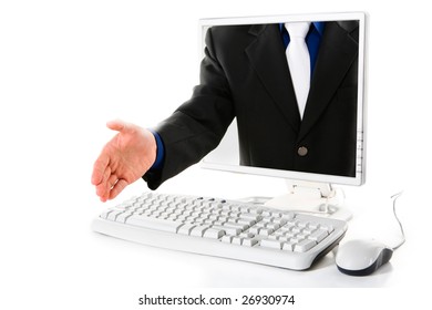 A man from inside computer's screen is offering handshake.