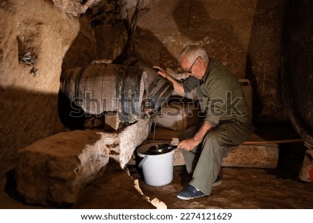 man inside subway cellar tilting barrel to empty the rest of the wine into a bucket. Interior under the subway stone, old and dusty. piece of authentic old village house.